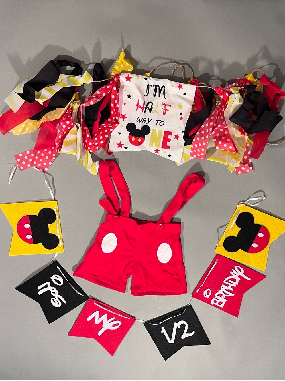 1/2 Birthday Outfit Cake smash Mickey mouse outfit & banner decoration set